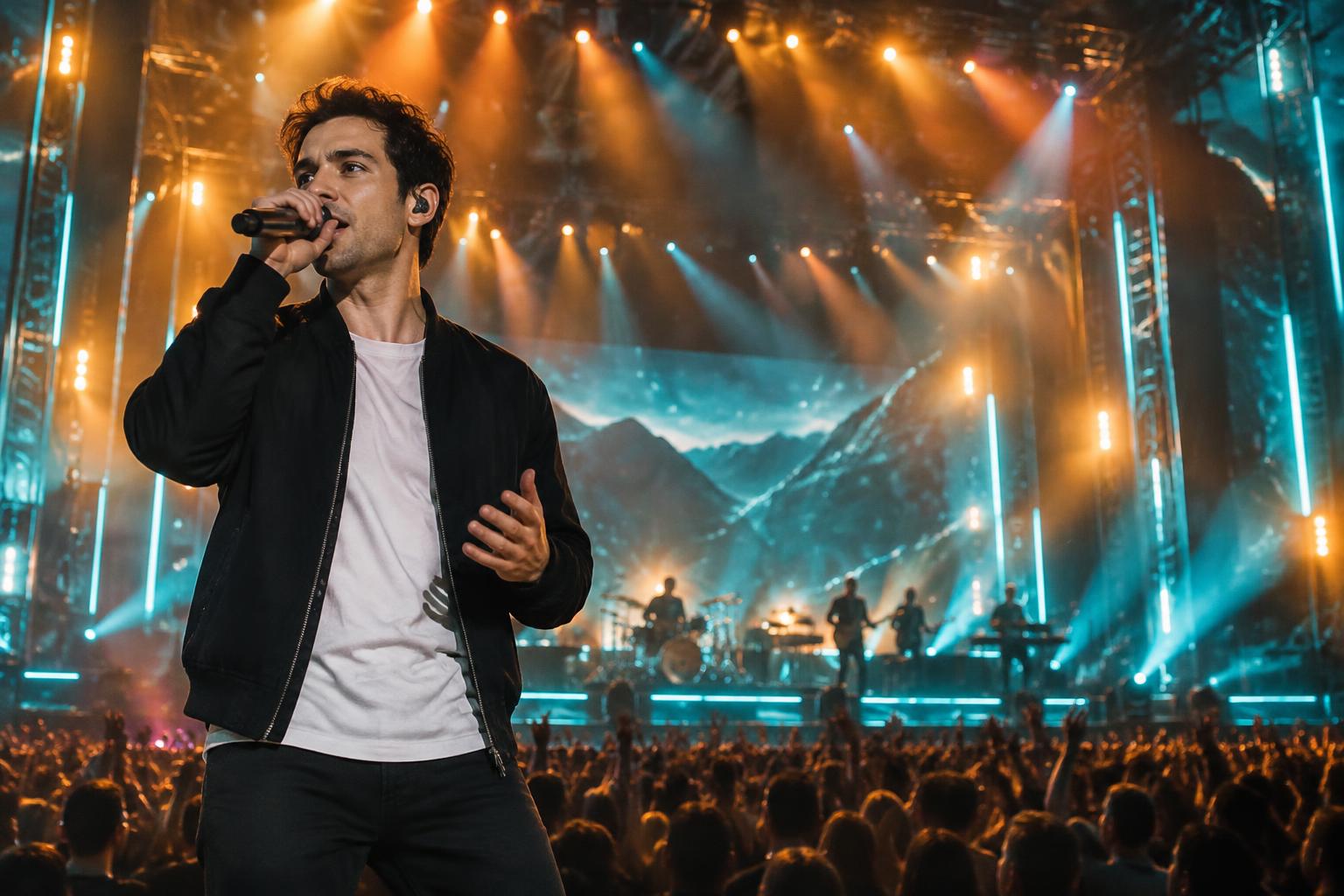 A singer performing on a concert stage with amber and teal lighting
