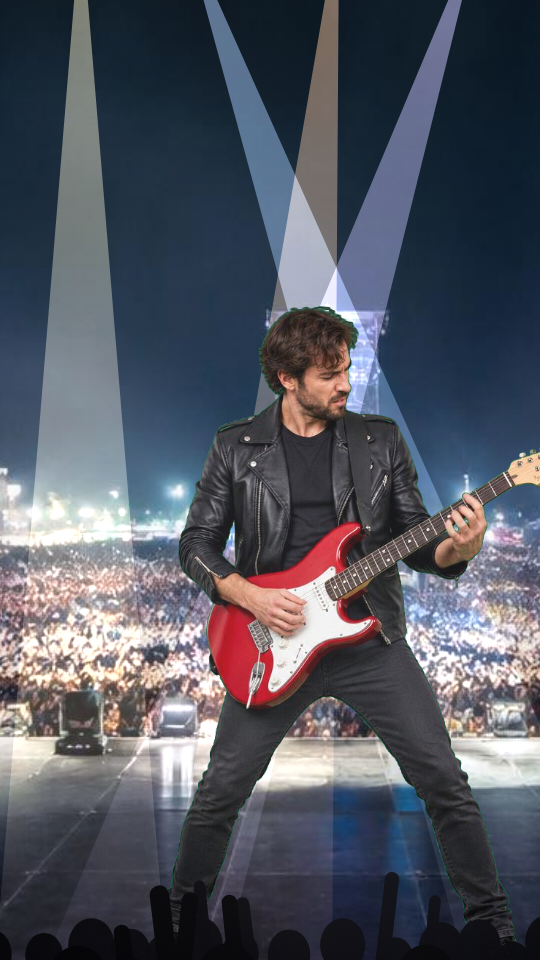 Actual GScreen preview: guitarist composited onto a festival stage with lighting and a crowd