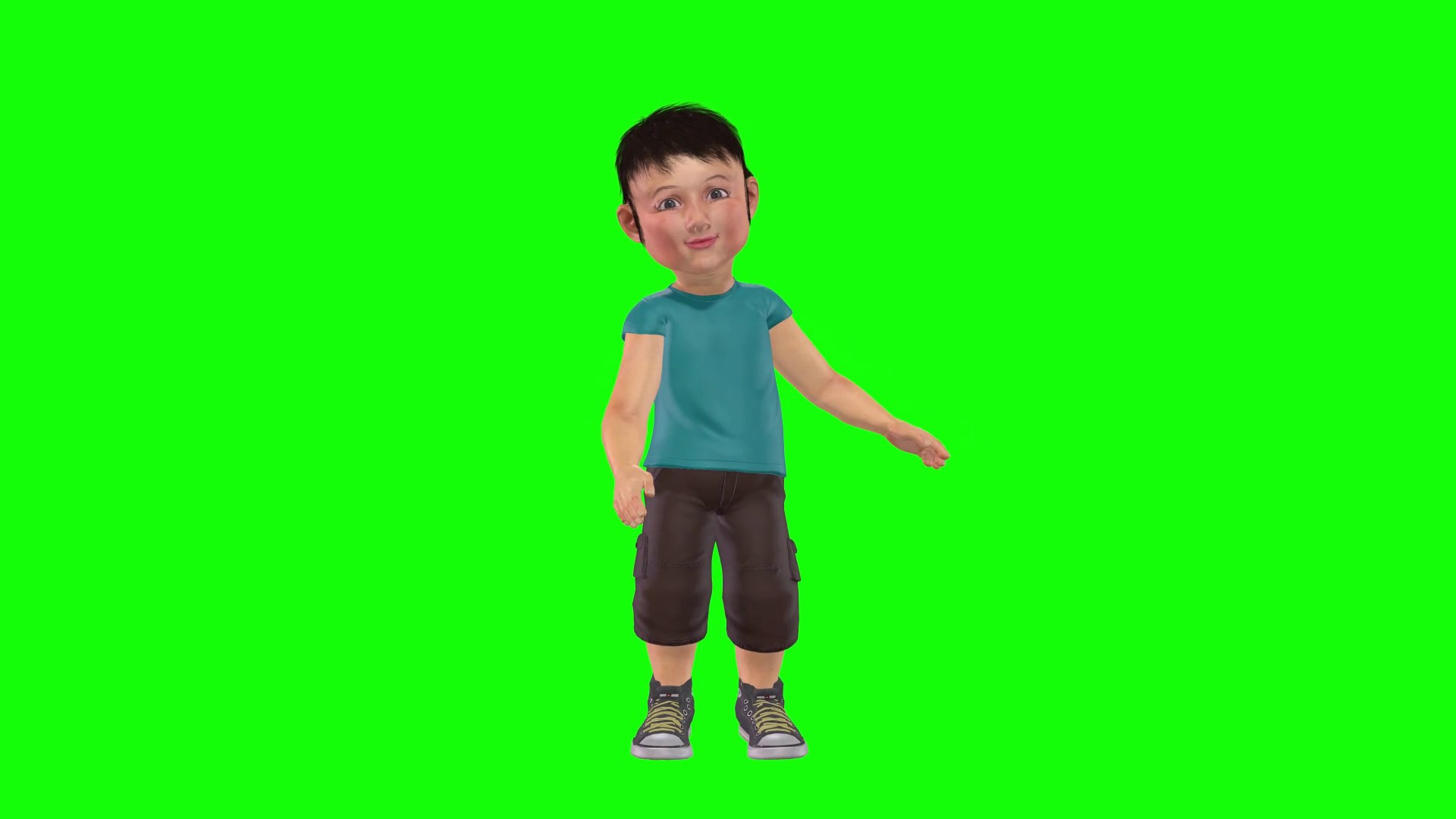 A boy standing in green chroma key
