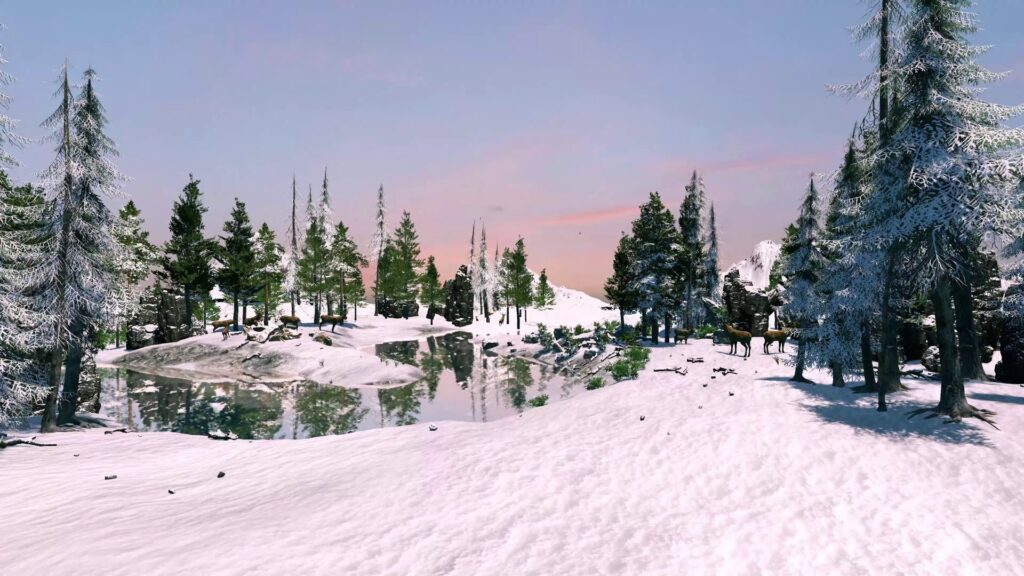 Nature background mountain winter snow lake small river